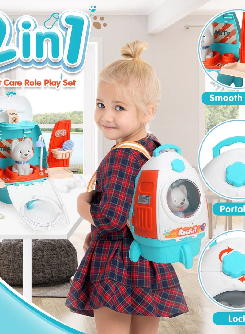 Excefore 18 Piece Pet Vet Play Set for Kids 3-8, Role Play Dog Grooming Toys with Dog Backpack, Puppy Carrier, and Feeding Accessories  - Image 2