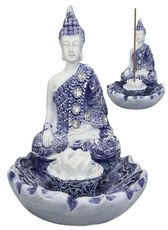 إيبروس جيفت حامل بخور على شكل زهرة اللوتس، من إيبروس جيفت، بتصميم بوذا أميتابها المتأمل بجانب بادما، بلون أزرق وأبيض من الطين المحروق، ارتفاع 4.25 بوصة، يجسد التنوير البوذي الشرقي، ويدعم مبادئ فنغ شوي. - Image 2
