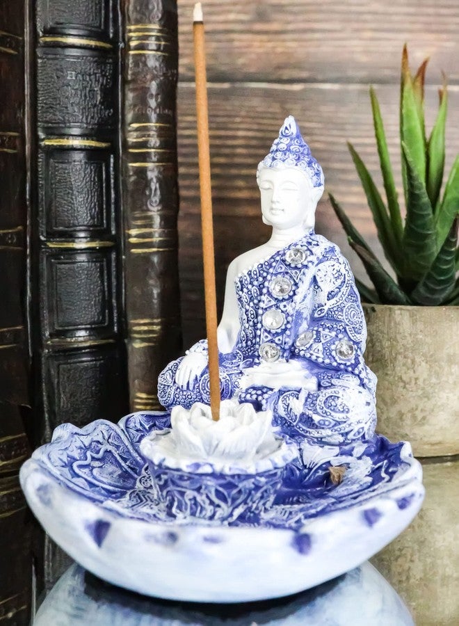 إيبروس جيفت حامل بخور على شكل زهرة اللوتس، من إيبروس جيفت، بتصميم بوذا أميتابها المتأمل بجانب بادما، بلون أزرق وأبيض من الطين المحروق، ارتفاع 4.25 بوصة، يجسد التنوير البوذي الشرقي، ويدعم مبادئ فنغ شوي. - Image 1
