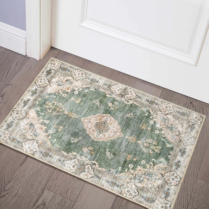 MUJOO Green Area Rug Small Rugs Boho Machine Washable Rugs Non Slip for Entryway Kitchen Bathroom Bedroom Vintage Soft LowPile 2x3 Flowers
