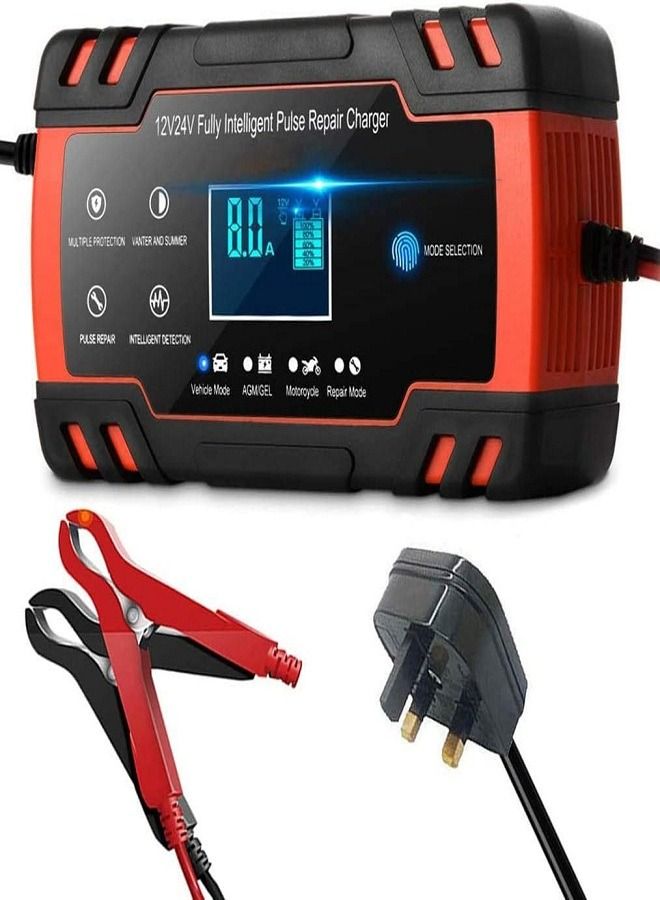 Generic Car Battery Charger 12V 8A / 24V 4A Battery Charger Automatic Three-Stage Battery Charger with Six Functions for Most Types of Lead Acid Batteries 2AH-150AH (Red/J30)  - Image 1