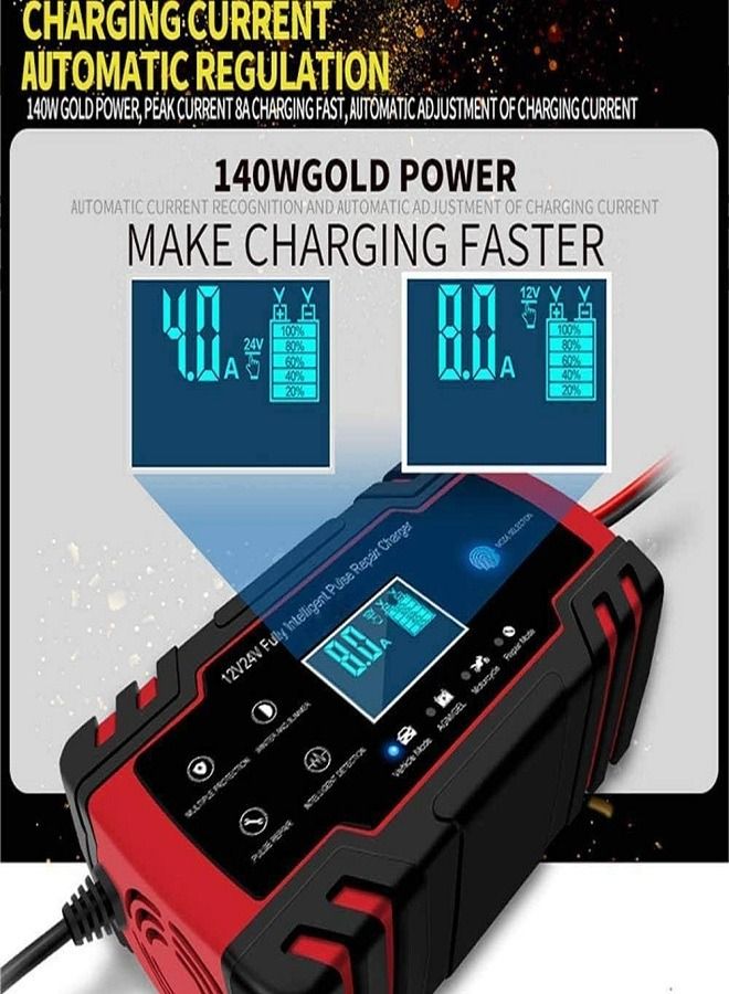 Generic Car Battery Charger 12V 8A / 24V 4A Battery Charger Automatic Three-Stage Battery Charger with Six Functions for Most Types of Lead Acid Batteries 2AH-150AH (Red/J30)  - Image 2