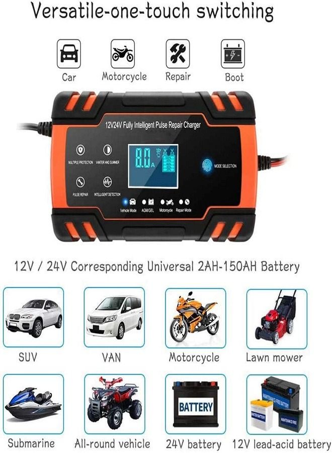 Generic Car Battery Charger 12V 8A / 24V 4A Battery Charger Automatic Three-Stage Battery Charger with Six Functions for Most Types of Lead Acid Batteries 2AH-150AH (Red/J30)  - Image 5