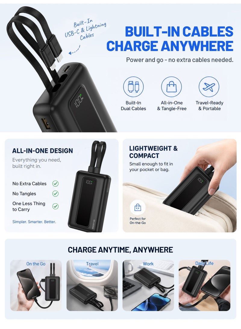 BESTIS 20000mAh 35W Fast Charging Power Bank with Built-in USB-C & Lightning Cables, Dual Ports Portable Charger for iPhone & Android - Image 2