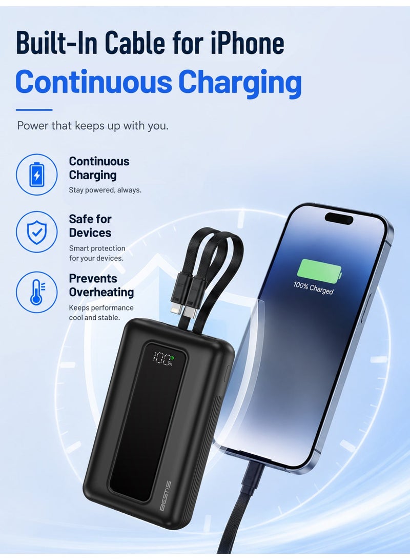 BESTIS 20000mAh 35W Fast Charging Power Bank with Built-in USB-C & Lightning Cables, Dual Ports Portable Charger for iPhone & Android - Image 3