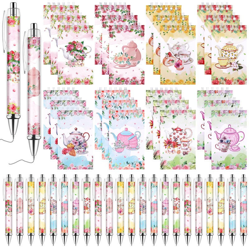 Easywiny 24 Pcs Flower Ballpoint Pens Mini Tea Party Notepads Set Flower Teapot Design Notepads Tea Party Memo Spiral Notebooks for Birthday Office Supplies Wedding Bridal Shower Favors(8 styles) - Image 1