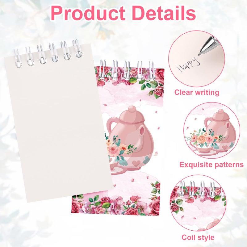 Easywiny 24 Pcs Flower Ballpoint Pens Mini Tea Party Notepads Set Flower Teapot Design Notepads Tea Party Memo Spiral Notebooks for Birthday Office Supplies Wedding Bridal Shower Favors(8 styles) - Image 3