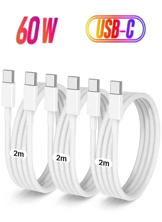 عبوة من 3 كابلات USB-C إلى USB-C بطول 2 متر وقوة 60 واط، كابل شحن سريع من النوع C لأجهزة iPhone Air 17 و16e و16 و15 Pro Plus وPro Max، ولأجهزة Galaxy S25/S24، ولأجهزة iPad Pro/Air/mini، ولأجهزة MacBook Pro/Air وغيرها. - Image 1