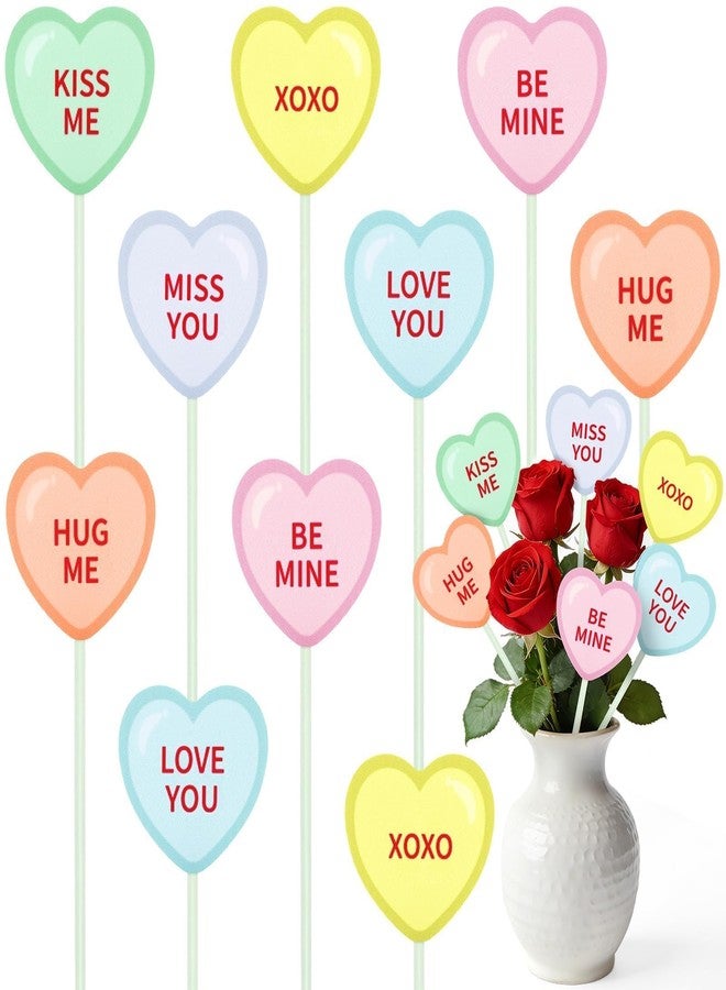 AUGSUN 12 Pcs Valentine's Day Decorative Picks Double-Sided Conversation Heart Plant Stakes Plastic Heart Pick Ornaments for Valentines Wedding Lawn Garden Home Decor - Image 1