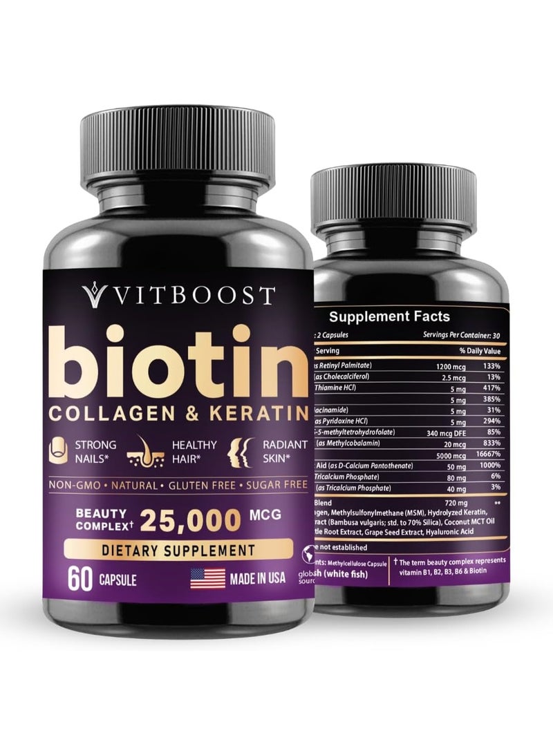 Biotin with Collagen and Keratin – 25000 mcg, 60 Capsules