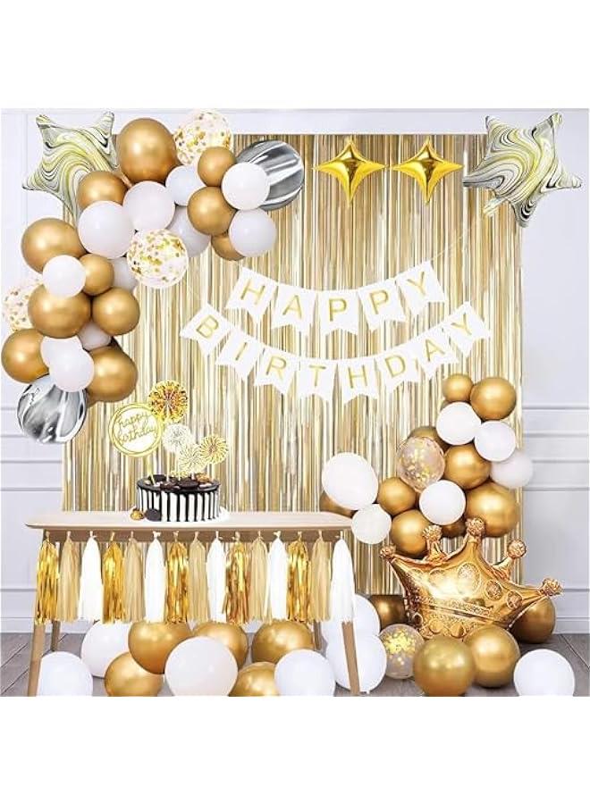 MIXDE 88Pcs Gold Party Decorations Set with Birthday Banner, Gold White Confetti Balloons, Gold Foil Birthday Background, Tassel Garland, Cake Toppers for Girls Women Men Kids (Gold Party Decorations) - Image 1