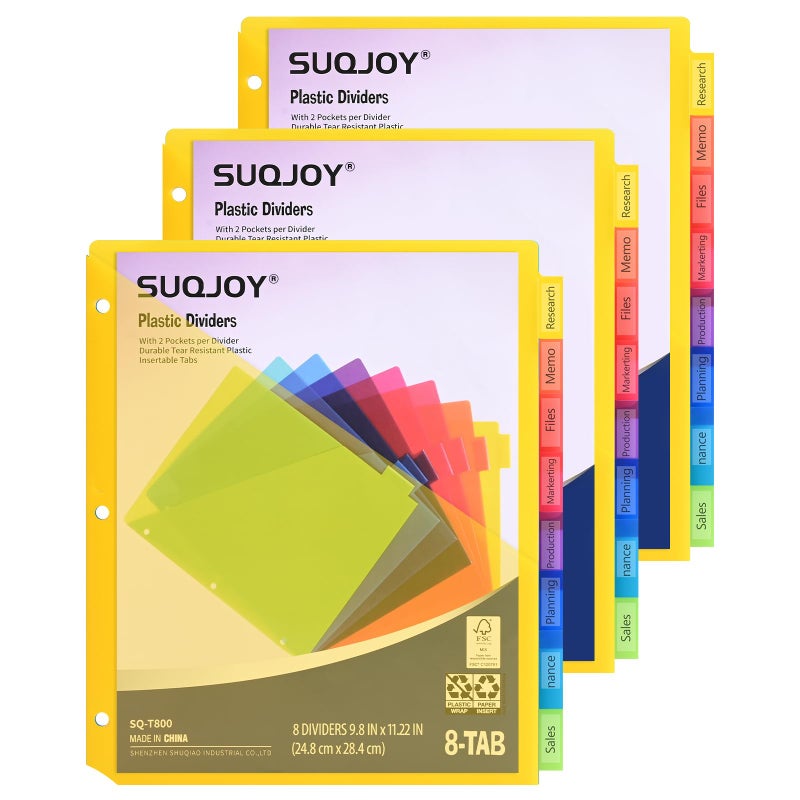 SUQJOY 8-Tab 3 Ring Binder Dividers, 0.5'' Plastic Sheet Protectors for US Letter Size, Assorted Colors, Set of 8 (3 Pack) - Image 1