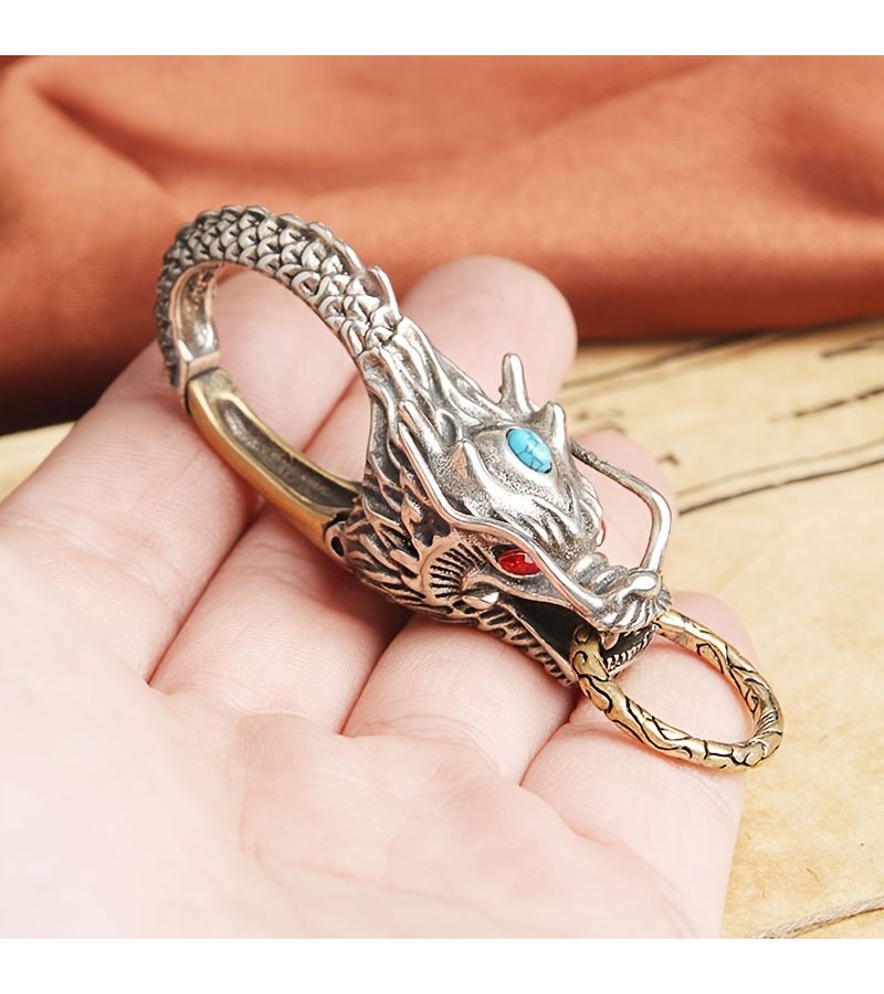 Brass Dragon Head Keychain With Turquoise Inlay Stylish Metal Waist Hanging For Men - Image 1