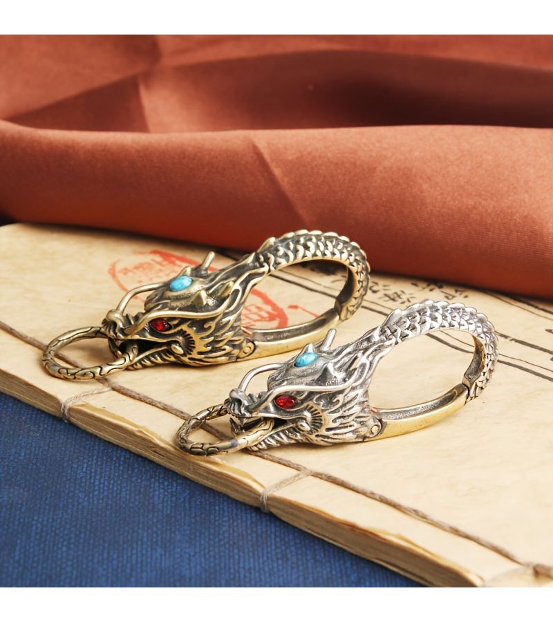 Brass Dragon Head Keychain With Turquoise Inlay Stylish Metal Waist Hanging For Men - Image 4