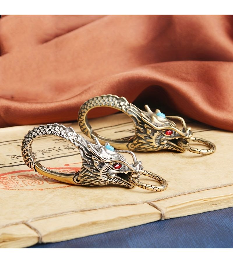 Brass Dragon Head Keychain With Turquoise Inlay Stylish Metal Waist Hanging For Men - Image 5