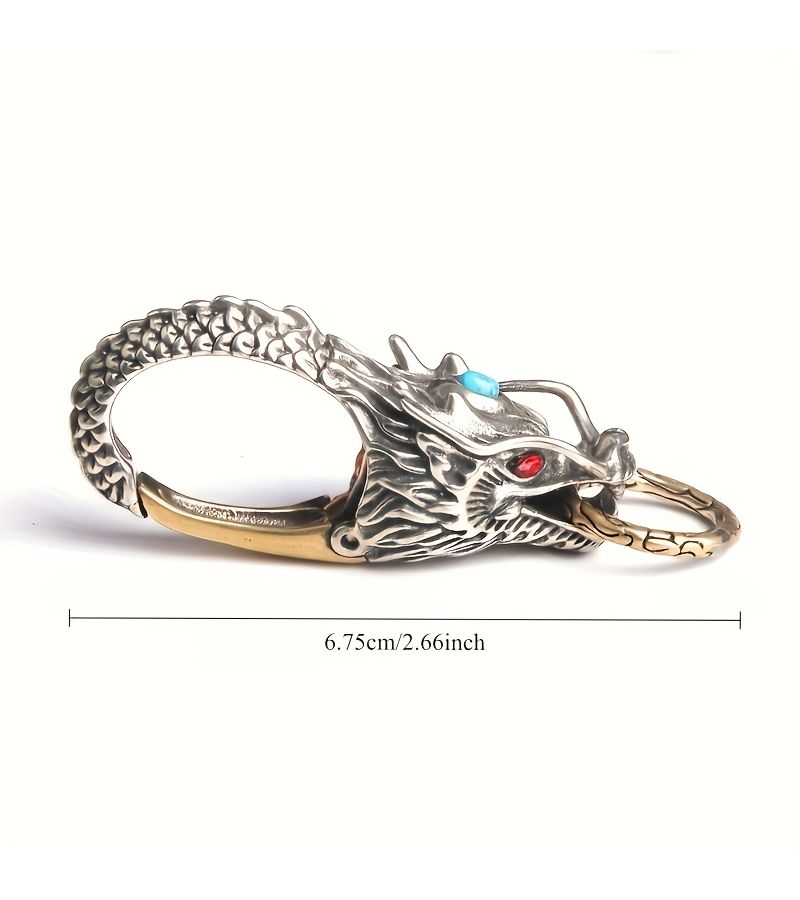 Brass Dragon Head Keychain With Turquoise Inlay Stylish Metal Waist Hanging For Men - Image 2