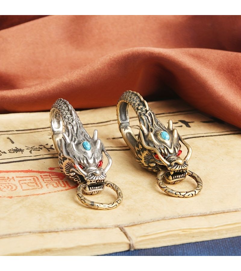 Brass Dragon Head Keychain With Turquoise Inlay Stylish Metal Waist Hanging For Men - Image 3