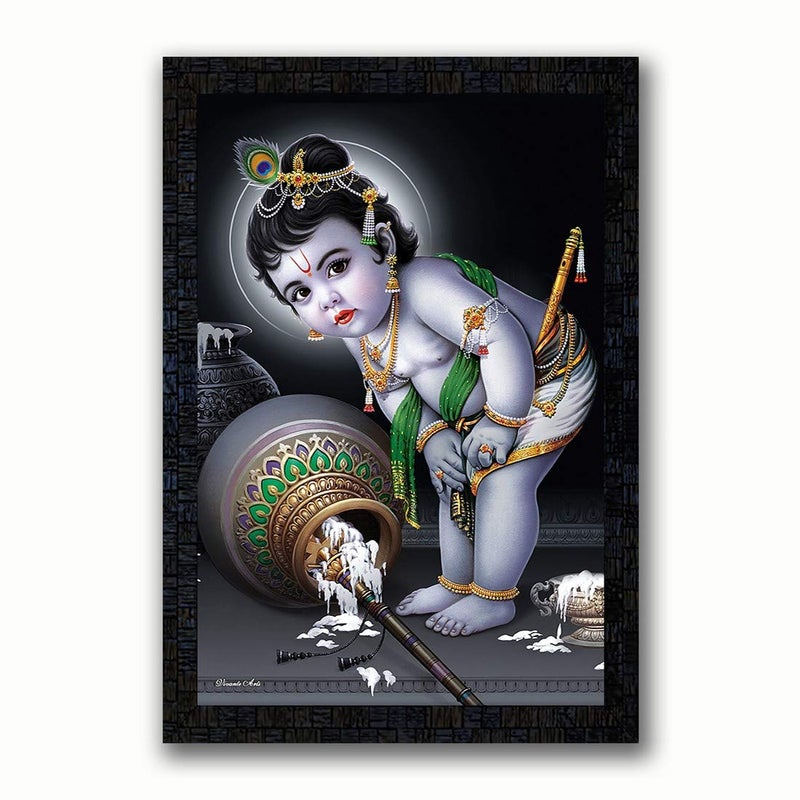 Generic Poster N Frames UV Textured Decorative Religious Art Print of (Baby) Bal Krishna with Wooden Synthetic Frame Painting Size 14 x 20 inch, Multicolour, Medium  - Image 1