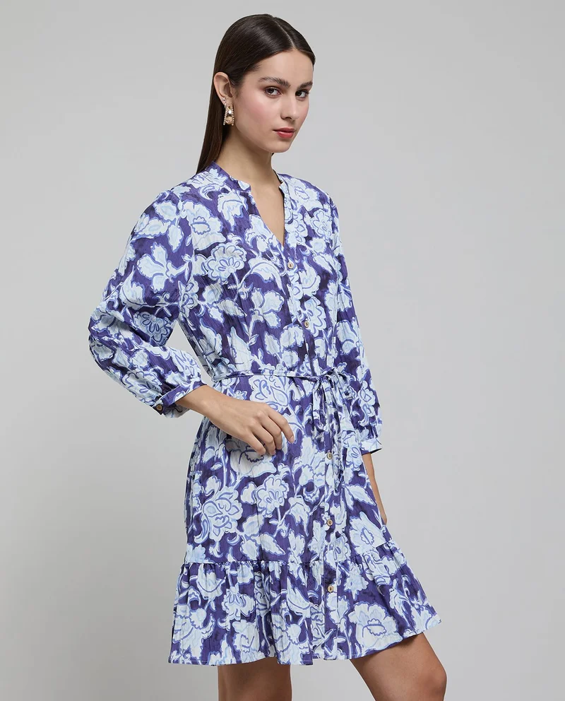 أر أند بي Floral Print Shirt Dress with Puff Sleeves