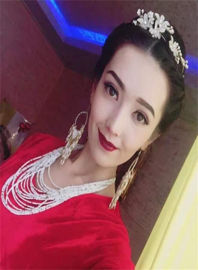 أقراط متدلية طويلة مزينة بشراشيب بوهيمية للنساء والفتيات، مصنوعة يدوياً من خرز كروي، مزينة بسلسلة شرابة منسوجة، بتصميم ثريا قبلي مبالغ فيه مستوحى من صائد الأحلام (أبيض) - Image 3