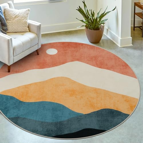 Sungea Abstract Round Rug for Bedroom 4ft, Faux Wool Soft Area Circle Area Rug, Boho Washable Low Pile Classroom Rugs, Carpet for Living Room Sofa Bathroom Nursery Kids Room Decor - Image 1
