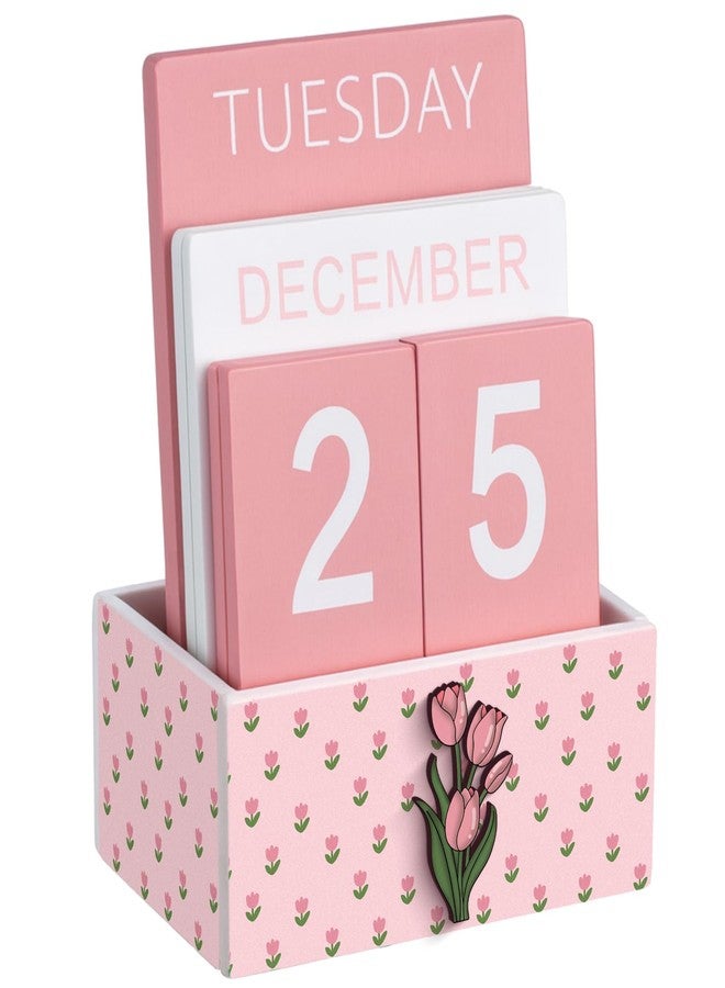 AceOrbit Pink Tulip Wood Block Perpetual Calendar Coquettish Desk Decor Cute Month Week Date Display Decorative Block Calendar for Women Office Home Desk Gift for Women - Image 1