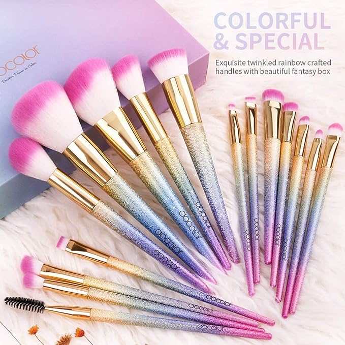 docolor 16Pcs Makeup Brushes Set Professional Make Up Brushes with Rainbow Box Foundation Eyebrow Concealer Eyeshadow Bronzer Blush Contour Powder Eyeline Lip Makeup Brush Set - Image 2