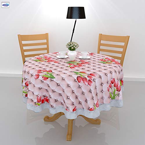 Clasiko 6 Seater PVC Table Cover; Red Roses On Pink Base; Anti Slip; 72 Inches Round; 6 Seater - Image 1