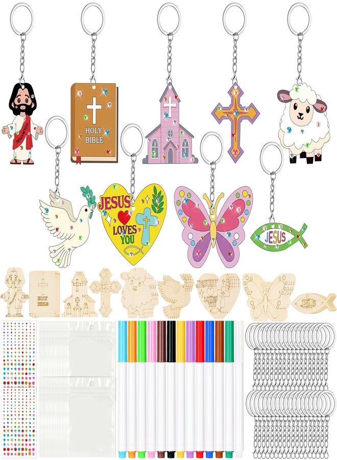 Bafeil 36 Pcs Christian Wood Craft Kits Color Your Own Keychains DIY Unfinished Jesus Wood Religious Keychains Paint Craft for Christian Religious Sunday School Active Party Favors Decor Gifts - Image 1