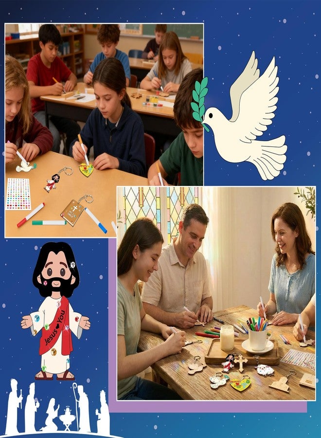 Bafeil 36 Pcs Christian Wood Craft Kits Color Your Own Keychains DIY Unfinished Jesus Wood Religious Keychains Paint Craft for Christian Religious Sunday School Active Party Favors Decor Gifts - Image 3