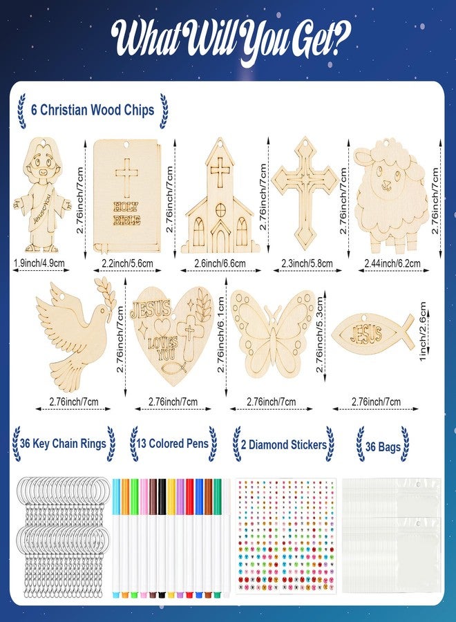 Bafeil 36 Pcs Christian Wood Craft Kits Color Your Own Keychains DIY Unfinished Jesus Wood Religious Keychains Paint Craft for Christian Religious Sunday School Active Party Favors Decor Gifts - Image 2
