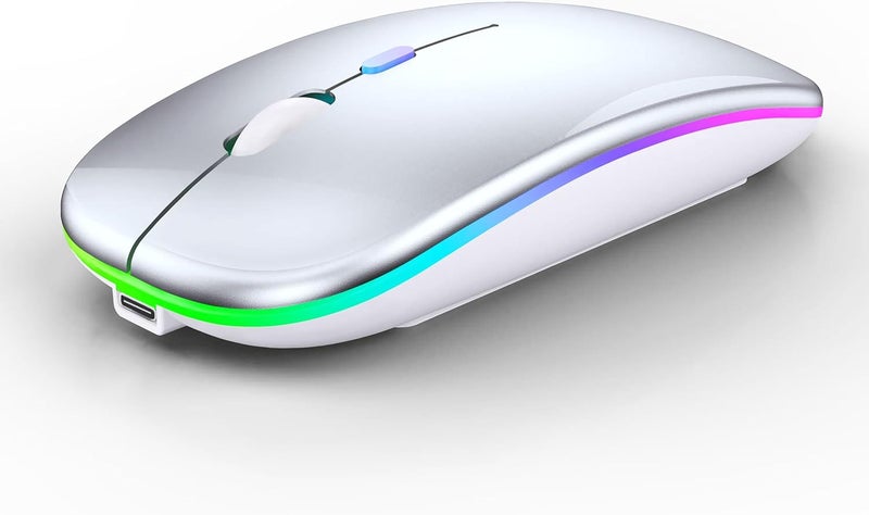 فأرة لاسلكية بلوتوث WREANU قابلة للشحن لأجهزة الكمبيوتر المحمولة مع أضواء LED وصامتة ونحيفة (BT5.2 ومستقبل USB محمول 2.4G) فأرة كمبيوتر ثنائية الوضع لأجهزة الكمبيوتر المحمولة / iPad / Tablet / Apple / Computer / Mac (فضي) - Image 1