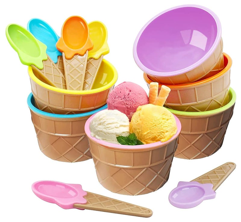 MEZON Dessert Bowls 6 Pack Ice Cream Bowl Spoon Set Frozen Yogurt Cups with Spoons Durable Plastic Dessert Bowl DIY Ice Cream Tools for Festive Party Kids Gift Random Color - Image 1