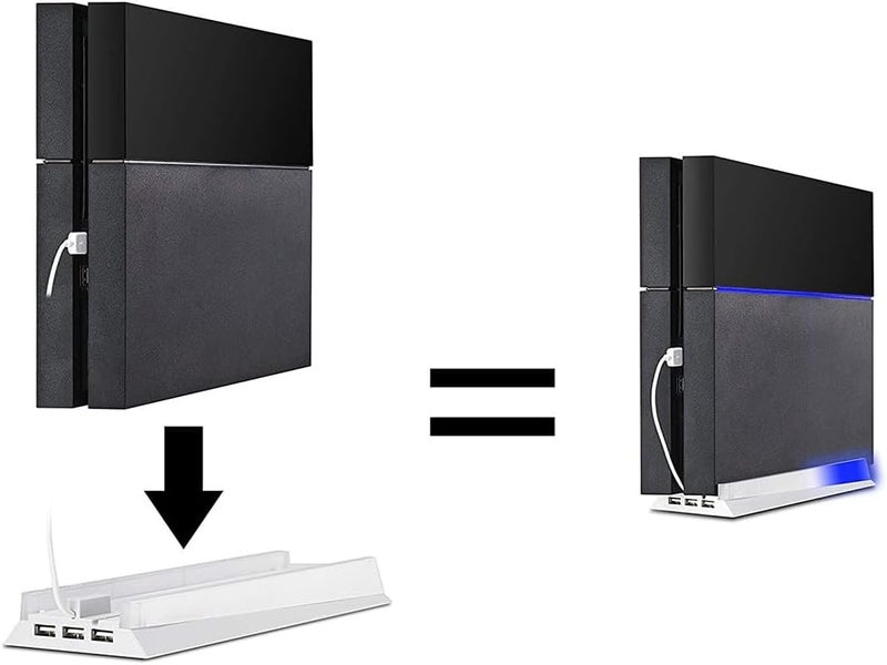 KlsyChry Vertical Stand for PS4 White, Blue Light Base Led Bracket Mount Holder Stand for PS4 PlayStation 4 Console with 3 USB Hub Ports -White - Image 1