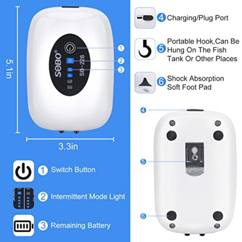 Rechargeable Aquarium Air Pump - Portable USB Aerator With 2 Outlets, Stones, Tubes, Check Valve for Fish Tank, Fishing, Transportation, Power Outage - Image 2
