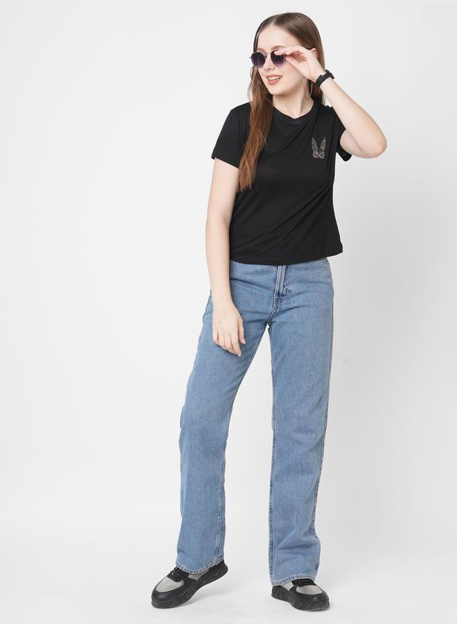 Mish Women Black Embellished Bunny Detail Short Sleeve T-Shirt - Image 3