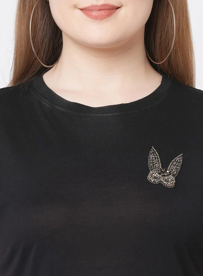 Mish Mish Women Black Embellished Bunny Detail Short Sleeve T-Shirt