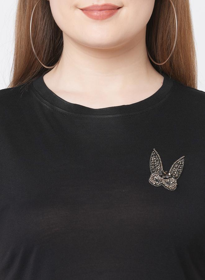 Mish Women Black Embellished Bunny Detail Short Sleeve T-Shirt - Image 2
