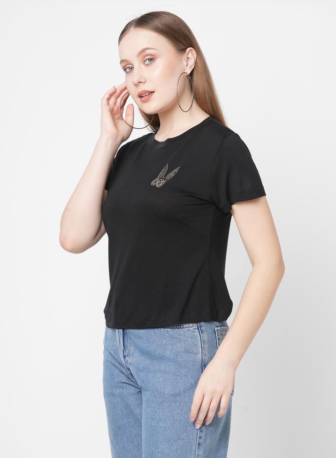 Mish Women Black Embellished Bunny Detail Short Sleeve T-Shirt - Image 4