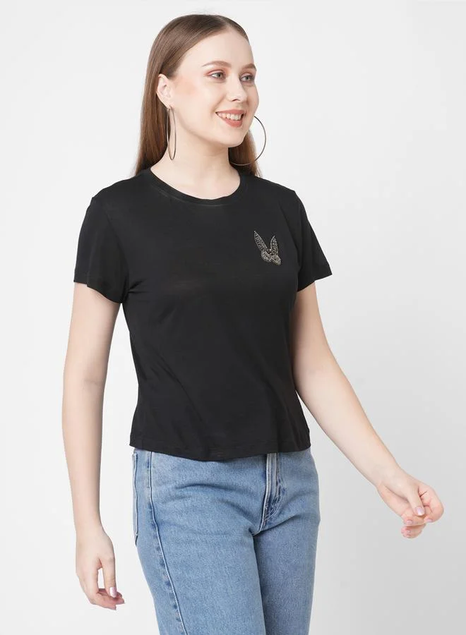 Mish Mish Women Black Embellished Bunny Detail Short Sleeve T-Shirt
