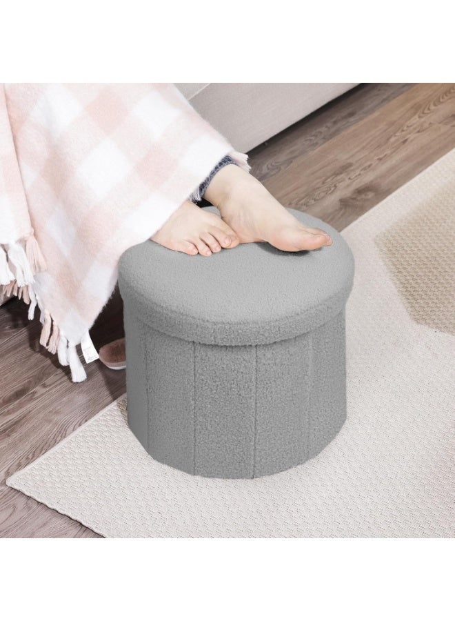 Round Pouf Ottoman with Storage, Ottomans Foot Rest Stool, Vanity Stool Chair & Circle Coffee Table, Padded Boucle Ottoman Seat for Dorm Bedroom Living Room, Support 220lbs, Grey - Image 2
