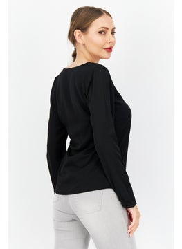 Zero Women U Neck Long Sleeve Plain Blouse, Black  - Image 2
