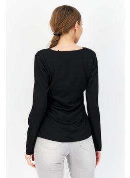 Zero Women U Neck Long Sleeve Plain Blouse, Black  - Image 1
