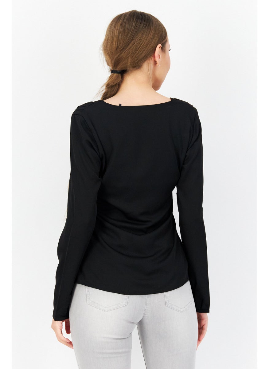 Zero Women U Neck Long Sleeve Plain Blouse, Black  - Image 1