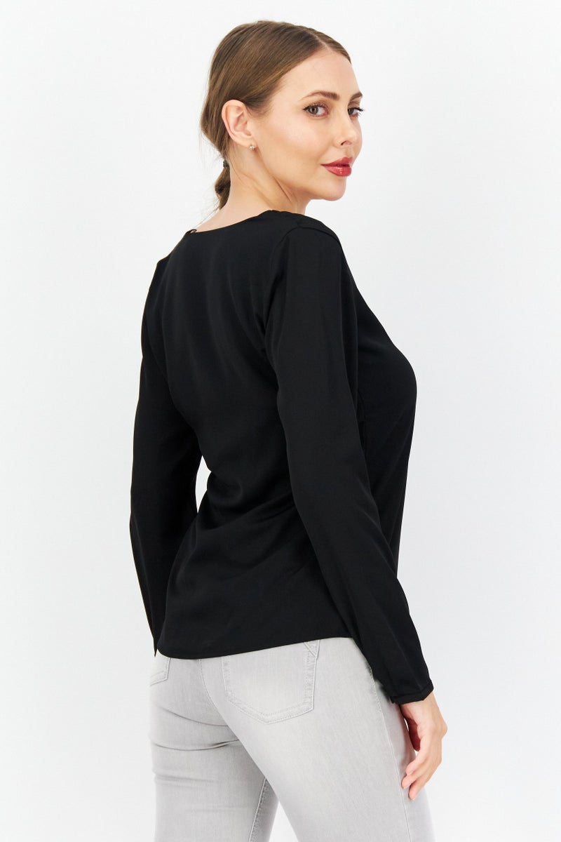 Zero Women U Neck Long Sleeve Plain Blouse, Black - Image 2