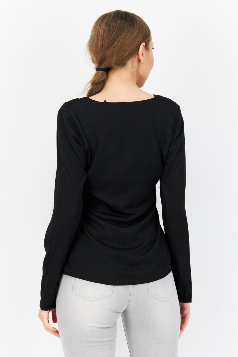 Zero Women U Neck Long Sleeve Plain Blouse, Black - Image 1