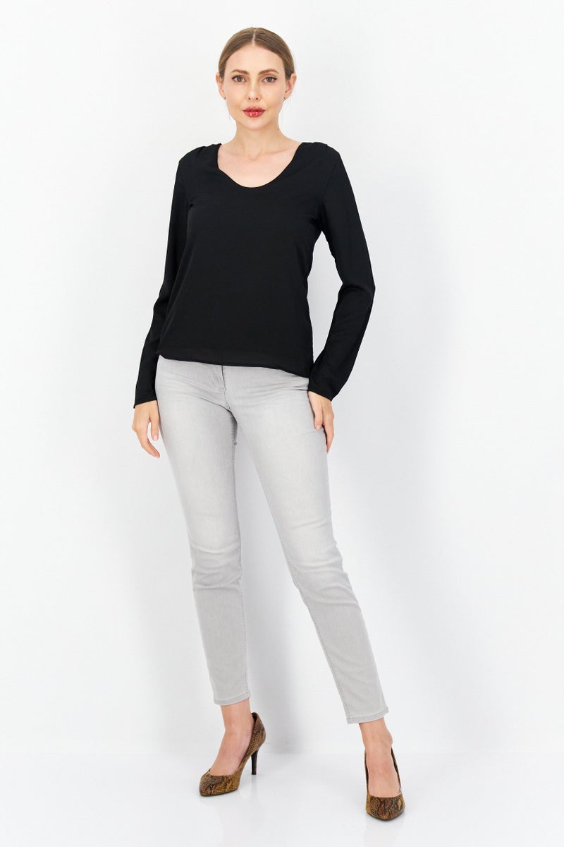 Zero Women U Neck Long Sleeve Plain Blouse, Black - Image 3
