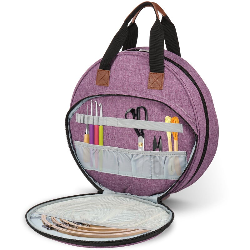 Muyoka Embroidery Project Bag, Embroidery Supplies Storage Carrying Tote Case with Multiple Pockets and Handle, Cross Stitch Bag, Double Layer Round Embroiderys Project Bags for Floss Hoops Thread (Purple) - Image 1