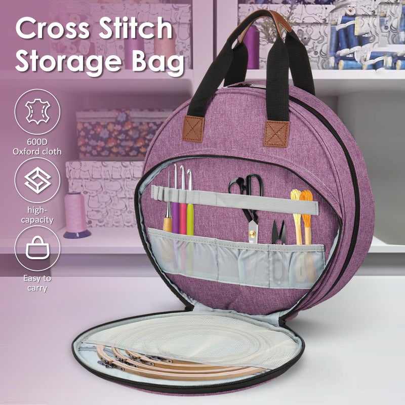 Muyoka Embroidery Project Bag, Embroidery Supplies Storage Carrying Tote Case with Multiple Pockets and Handle, Cross Stitch Bag, Double Layer Round Embroiderys Project Bags for Floss Hoops Thread (Purple) - Image 2