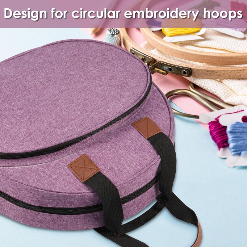 Muyoka Embroidery Project Bag, Embroidery Supplies Storage Carrying Tote Case with Multiple Pockets and Handle, Cross Stitch Bag, Double Layer Round Embroiderys Project Bags for Floss Hoops Thread (Purple) - Image 3